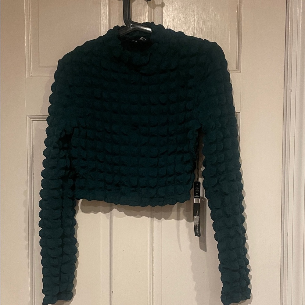 Love Yourself Teal Textured Fabric Crop Top. Bubble top.